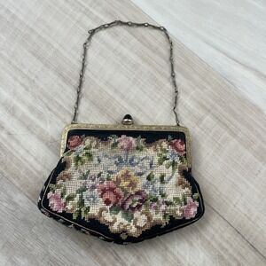 Vintage Made in Austria Petit Point Tapestry Floral Evening Bag Gold Frame Black